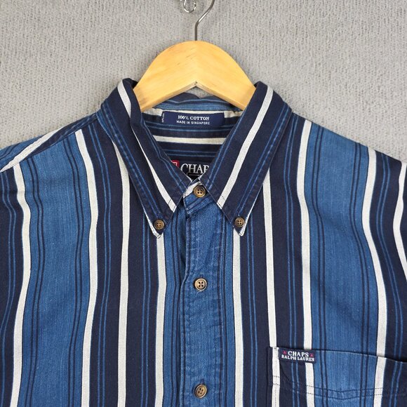 Vintage Chaps Ralph Lauren Shirt Mens Large Blue  Striped Relaxed Fit Chambre SS - Picture 1 of 11